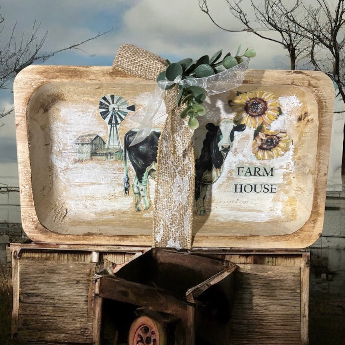 Decorative wooden tray with farm-themed design featuring cows, a windmill, and sunflowers.