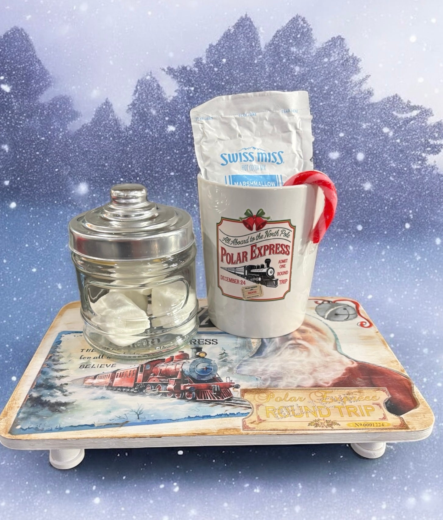 Tray with jar, mug, and bag on a snowy background